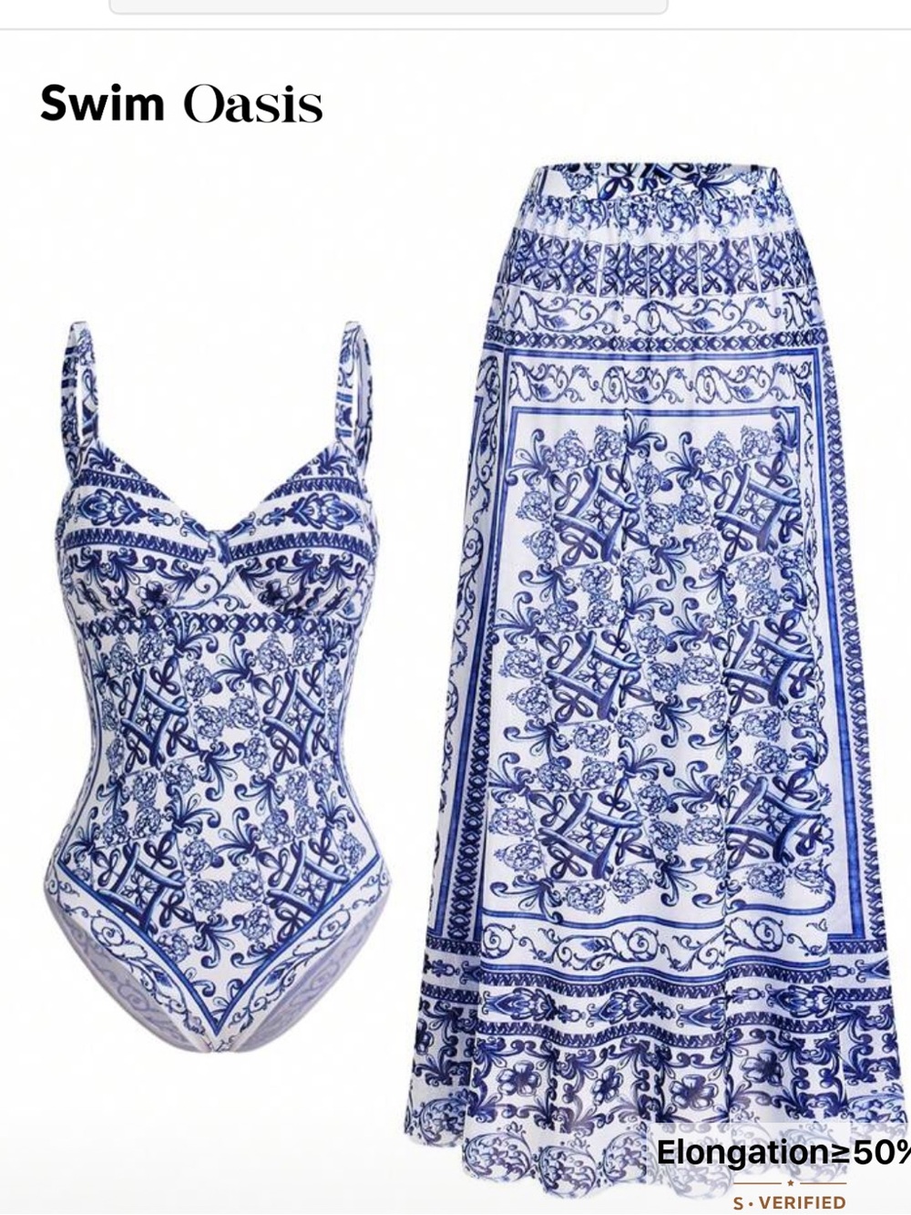 SHEIN Blue and White Tile Print One-Piece Swimsuit with Matching Skirt